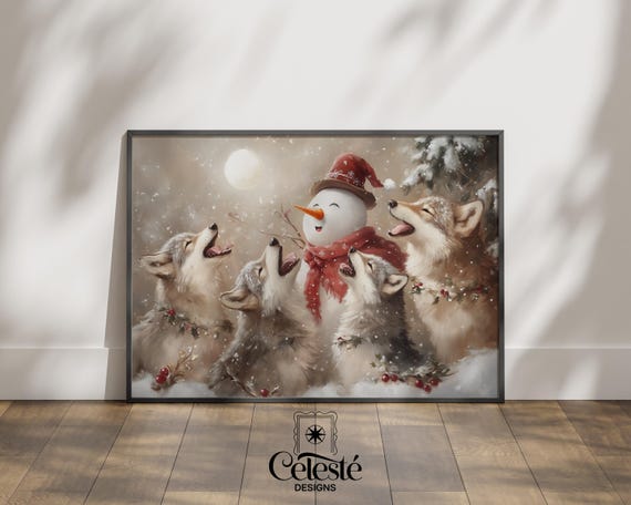 Winter Wildlife Art Print - Snowman & Wolves Holiday Wall Art - Festive Winter Scene, Digital Download, Cozy Woodland Decor
