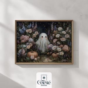 Ghost in the Cottage Garden – Printable Halloween Wall Art, Whimsical Floral Ghost Decor, Digital Download, Cozy Fall Decor, Cottagecore