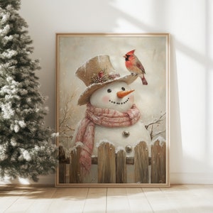 Vintage Snowman Christmas Print: Winter Cardinal Art (Digital Download)