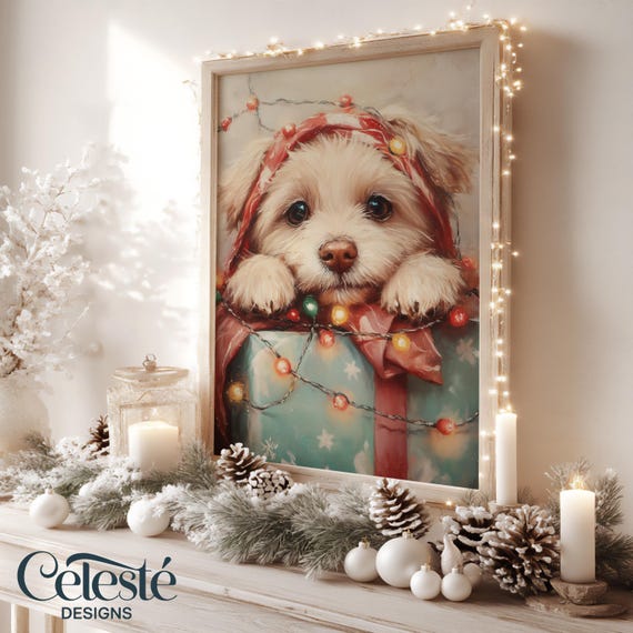 Cute Christmas Puppy Wall Art, Holiday Pet Portrait, Maltese Dog
