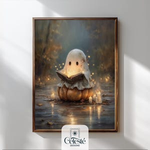 Printable ghost wall art, Halloween decor, whimsical autumn printable, cottagecore cosy fall ghost print, vintage halloween print