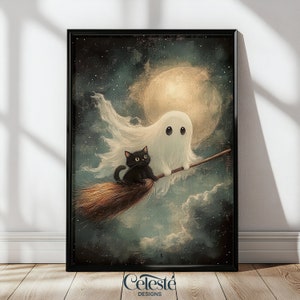Impresión de un lindo gato negro con fantasma, arte de pared vintage imprimible de Halloween, impresión cottagecore oscura, arte rústico de granja, decoración de Dark Academia