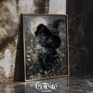 Witchy Black Cat Wall Art – Cute Halloween Printable, Full Moon Kitten Illustration, Magical Autumn Digital Download, Cottagecore Cosy Decor