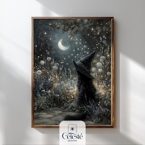 Impresión de bruja de gato negro, arte de pared vintage imprimible de Halloween, impresión cottagecore oscura, arte rústico de granja, decoración de Dark Academia
