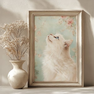Cat lover gift | chinoiserie Aesthetic | Cottagecore Prints | Blue White Pink Wall Art | Nursery Wall Art | Preppy Wall Art