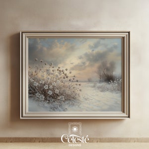 Pintura invernal vintage, lámina navideña, arte mural imprimible, decoración navideña, paisaje invernal nevado, pintura al óleo de flores silvestres