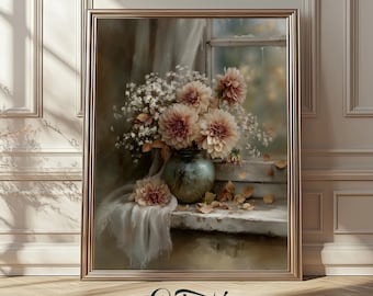 Vintage Dahlia Still Life – Printable Floral Wall Art, Cottagecore Window Scene, Rustic Fall Bouquet Painting, Neutral Country Decor