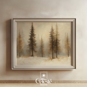 Pintura de bosque invernal, impresión navideña, arte mural imprimible, decoración navideña, paisaje invernal nevado, árboles perennes, pintura de acuarela