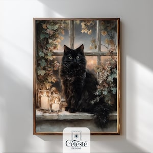 Impresión de bruja de gato negro, arte de pared vintage imprimible de Halloween, impresión cottagecore oscura, arte rústico de granja, decoración de Dark Academia
