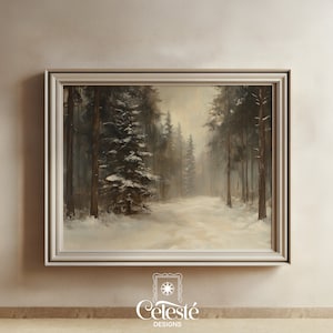 Pintura de bosque invernal, impresión navideña, arte mural imprimible, decoración navideña, paisaje invernal nevado, árboles perennes, pintura de acuarela