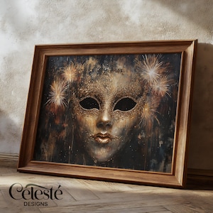 Może przedstawiać: Namalowany obraz w ramie przedstawiający złotą maskę karnawałową z błyszczącymi detalami na ciemnym tle z złotymi i białymi fajerwerkami.
