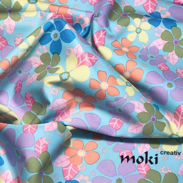 1.35 m REST fabric turquoise and colorful floral with leaves, printed cotton, SWAFING