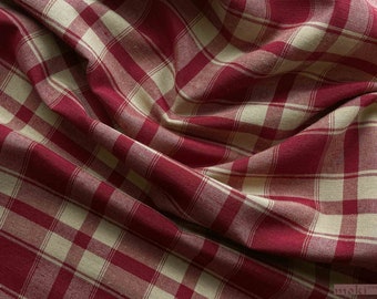 Check fabric with woven pattern, Christmas cream and burgundy, linen look, available to order from 0.5 m