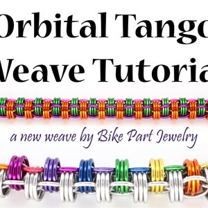 May include: A colorful bracelet made with metal rings in a woven pattern. The bracelet is called "Orbital Tango Weave" and is a new weave by Bike Part Jewelry.