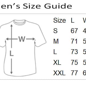 May include: A white graphic showing a t-shirt with measurements labeled "L" and "W". The text "Men's Size Guide" is at the top. Size chart includes S, M, L, XL, and XXL with corresponding measurements in centimeters.