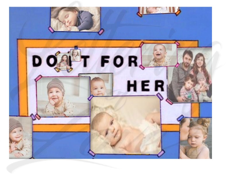 Puede incluir: Un collage de fotos de beb&eacute;s y ni&ntilde;os con el texto "Do It For Her" en un marco blanco con un borde amarillo.