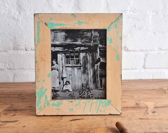 8x10 Shabby Chic Photo Frame: Reclaimed Vintage Door, Beige & Turquoise