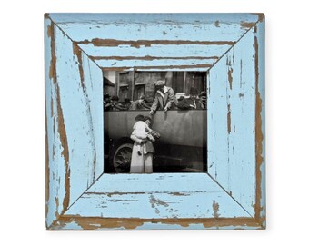 4x4 Upcycled Timber Photo Frame: Reclaimed Wood, Weathered Blue Paint
