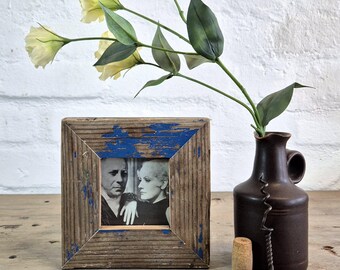 4x4 Reclaimed Wood Photo Frame: Rustic Blue Painted Timber