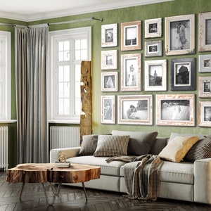 May include: A living room with a green wall adorned with framed black and white photos. A gray sofa with throw pillows and a blanket sits below the gallery wall. A wooden coffee table and a potted tree complete the cozy interior design.