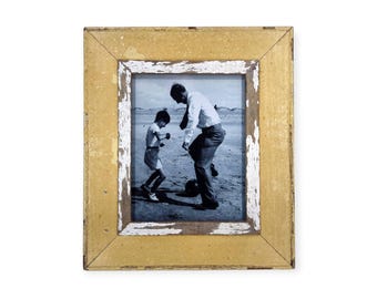 Rustic 8x10 Photo Frame: Reclaimed Wood, Mustard with a Chippy White Inset