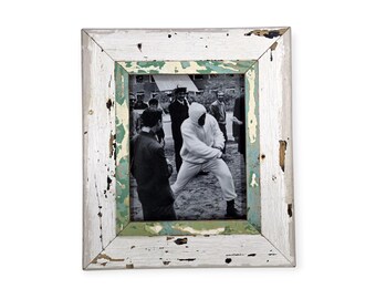 Rustic 8x10 Photo Frame: Reclaimed Wood, White with a Blue-Green Inset