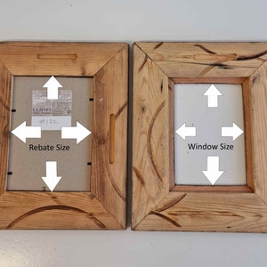May include: Two wooden picture frames with a natural finish. The frames have a rustic design with carved details. One frame shows the rebate size, and the other shows the window size. The frames are designed to hold photos or artwork.