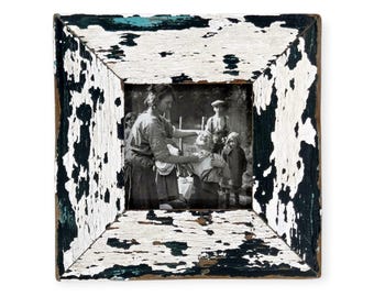 4x4 Upcycled Timber Photo Frame: Reclaimed Wood, Weathered black, blue and white layers.