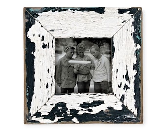 4x4 Upcycled Timber Photo Frame: Reclaimed Wood, Weathered black, blue and white layers.