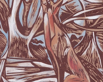 Grabado original en linóleo, impreso y pintado a mano - Zorro - Primera nevada