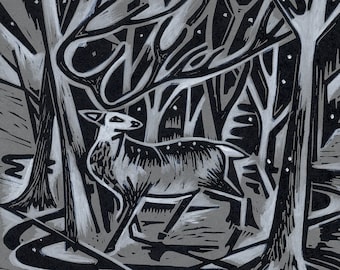 Grabado original en linóleo, impreso y pintado a mano - Ciervo de invierno