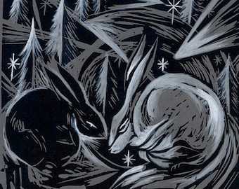Liebres de invierno: Impresión original en linóleo, impresa y pintada a mano.