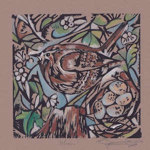 Original Hand-printed and Hand-painted Lino Print - Wren