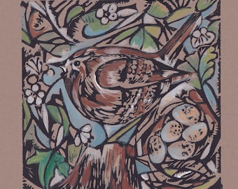 Impresión en linóleo original pintada y impresa a mano - Wren