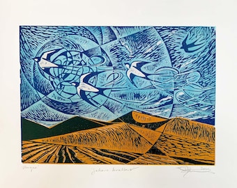 Tormenta Codificada - Linograbado reductivo único, impreso a mano - Golondrinas del Sahara