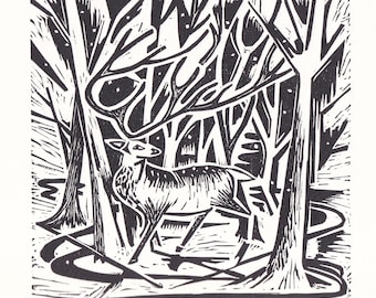 Tormenta Codificada - Impresión original en linóleo hecha a mano - Ciervo de invierno