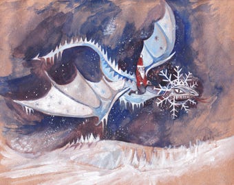 Papá Noel y el Dragón de Hielo - Impresión Giclée