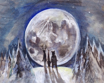 Papá Noel, Renny y Arctic Bear Ver la Superluna - Impresión Giclee