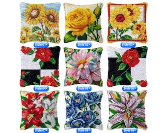 Kit fai da te per cuscino con gancio, federa per cuscino con stampa a colori e fiori, set per punto croce con ricamo a punto croce per festival, 42x42 cm