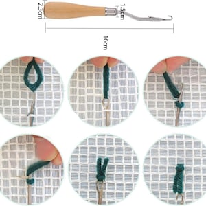 May include: A rug hooking tool with a wooden handle, metal hook, and measurements of 16 cm long, 2.3 cm wide, and 1.5 cm high. The image also shows a step-by-step guide on how to use the tool for rug hooking.