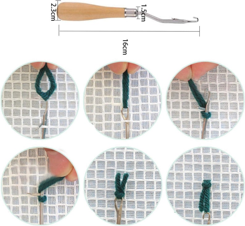 May include: A rug hooking tool with a wooden handle, metal hook, and measurements of 16 cm long, 2.3 cm wide, and 1.5 cm high. The image also shows a step-by-step guide on how to use the tool for rug hooking.