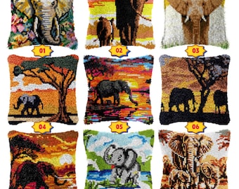 Kit fai da te per cuscino con gancio, federa per cuscino con stampa a colori, motivo elefante, set per punto croce, filato per regalo di festa, 42x42 cm