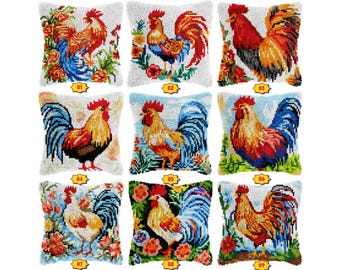 DIY Latch Hook Pillow Kits, Color Printed Throw Pillow Cover Rooster, Cross Stitch Set Yarn Embroidery for Festival Gift 16.9x16.9 Inches