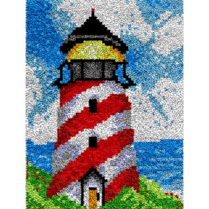 May include: A colorful, textured image of a lighthouse with red and white stripes. The lighthouse has a black top and sits on a green hill with red flowers. The background features a blue sky and ocean.