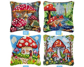 Kit fai da te per cuscino con gancio, federa per cuscino con stampa a colori, motivo funghi, set per punto croce, ricamo con filato, regalo per feste, 42x42 cm