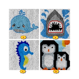 May include: Four colorful rug squares with different sea creatures. The first square has a blue whale with a smiling face. The second square has a gray shark with a large open mouth. The third square has a blue seahorse. The fourth square has two penguins, one larger than the other.