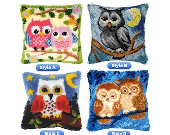DIY Latch Hook Pillow Kits, Color Printed Throw Pillow Cover Owls, Cross Stitch Set Yarn Embroidery for Festival Gift 16.9x16.9 Inches