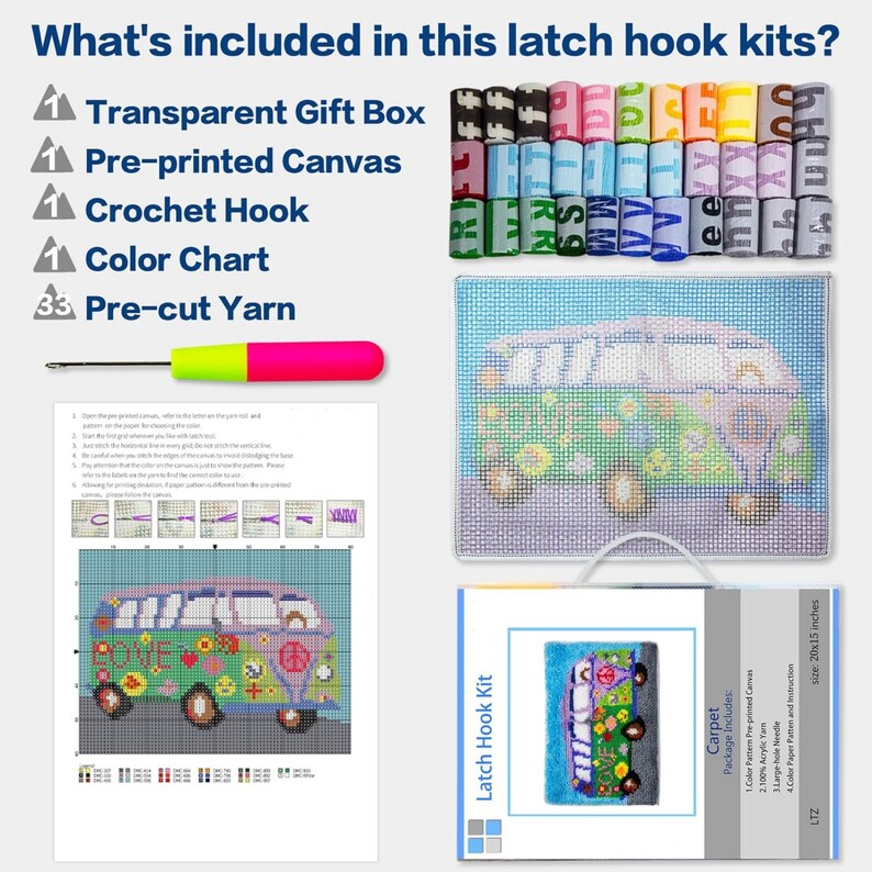 DIY-tapijtsets met haaknaald, tapijt maken, kleurbedrukt tapijt, gehaakt tapijtgaren borduurgaren voor festival afbeelding 8