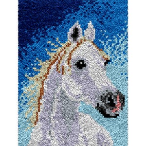 May include: A detailed, textured artwork of a horse's head. The horse is primarily white with brown and tan accents in the mane and around the ears. The background transitions from dark to light blue, creating a striking contrast. The artwork is likely a rug or textile.