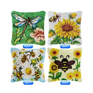May include: Four square decorative pillows with embroidered designs. Styles include a dragonfly, a sunflower with a bee, daisies with bees, and a bee with sunflowers. Each pillow has a different color scheme and the text "Style A", "Style B", "Style C", and "Style D".